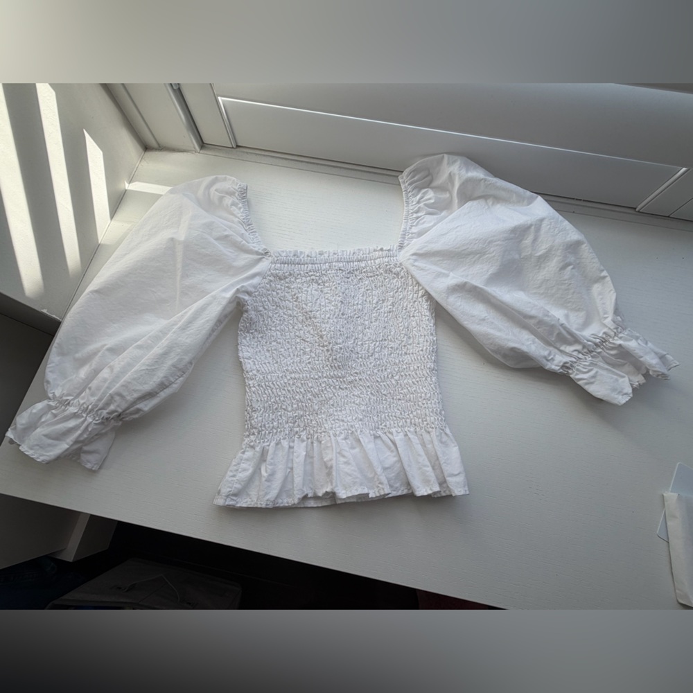 Zara White Cotton Womens Ruched Blouse Small Peplum Cropped Feminine Ruffle NWOT
